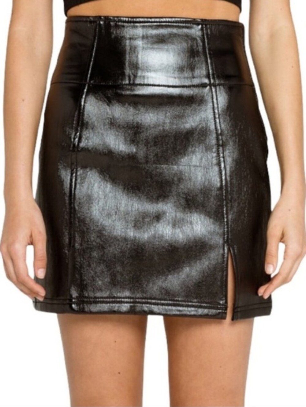 Free People Black Faux Leather Mini Skirt Vegan Shiny Coated High Waist Goth 6